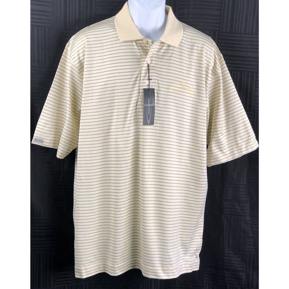NWT Page & Tuttle Polo Shirt L Yellow/Gray Stripe ShortSleeve Collar Button Neck